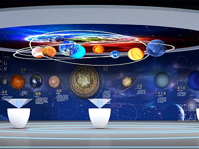 Solar System Planetary Exhibition With Orbital Paths Starry Background Information Charts And Display Stands 3d model