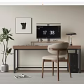 Stylish Wooden Desk With Upholstered Chair Computer Monitor Desk Lamp Potted Plant And Framed Artwork