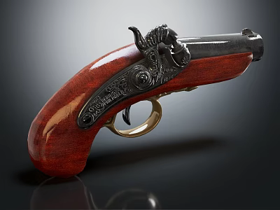 Antique Pistol With Wooden Grip Intricate Carvings And Vintage Metal Design Details 3d model