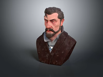 Detailed Bearded Man 3D Bust Model Wearing Dark Coat Against Gray Background 3d model