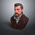 Detailed Bearded Man 3D Bust Model Wearing Dark Coat Against Gray Background
