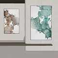 Abstract Paintings With Brown Green White Tones On White Wall And Wooden Shelf
