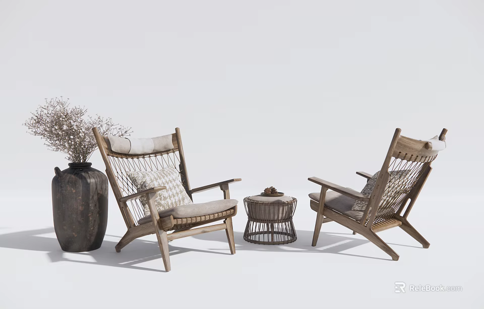 Wooden Chair And Stool Combination With Woven Backrest Vase And Dried Flowers In Natural Setting 3d model 