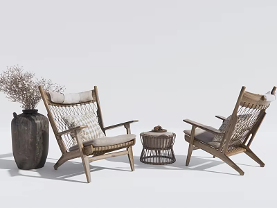 Wooden Chair And Stool Combination With Woven Backrest Vase And Dried Flowers In Natural Setting 3d model