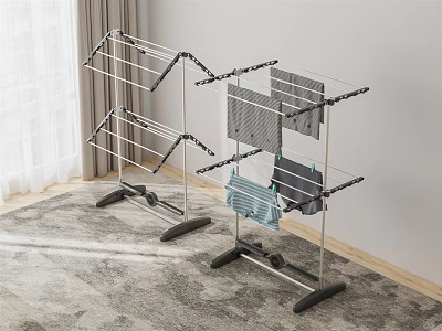 Clothes Drying Rack Metal Multi Tier Indoor with Hanging Clothes on Carpet Near Window 3d model