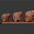 Three Red Hand Carved Elephant Sculptures With Intricate Patterns On Base 3d model