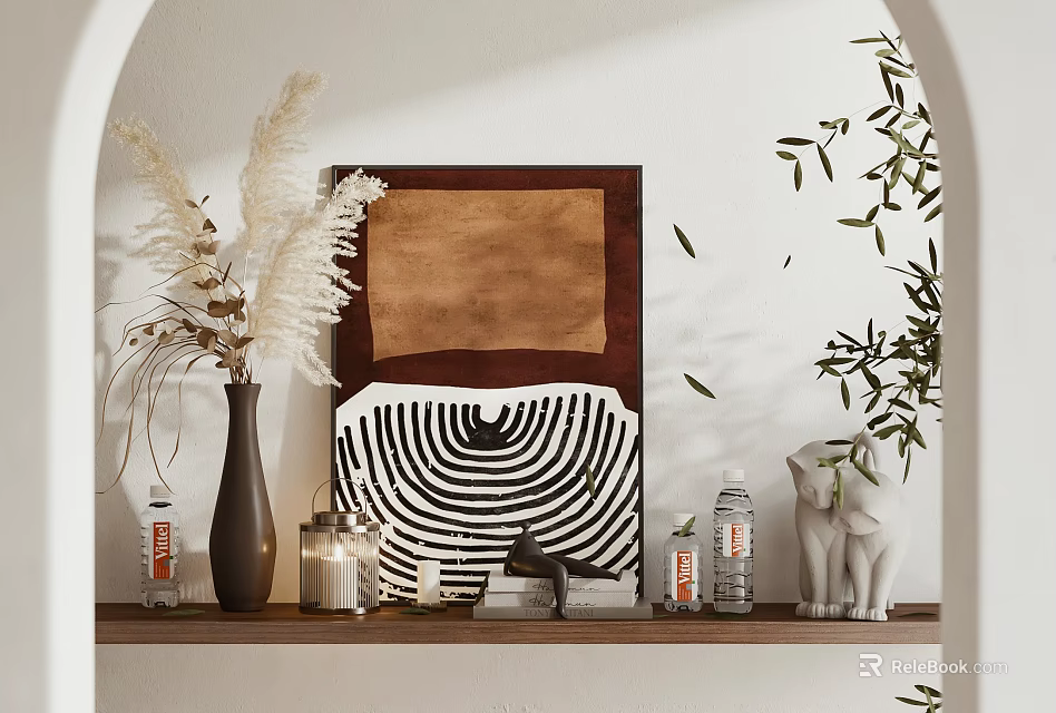 Modern Decorative Ornaments Set With Pampas Grass Striped Art Elephant Statue And Greenery On Shelf 3d model 