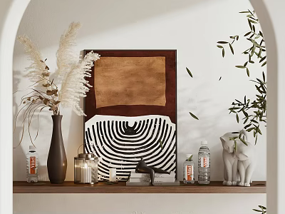 Modern Decorative Ornaments Set With Pampas Grass Striped Art Elephant Statue And Greenery On Shelf 3d model