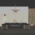 Modern Office Desk With Laptop Documents Ergonomic Chair Chandelier And Potted Plant