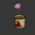 Yellow Flower Pot With Floral Patterns Holding White Daisy Plant With Green Stem And Leaves