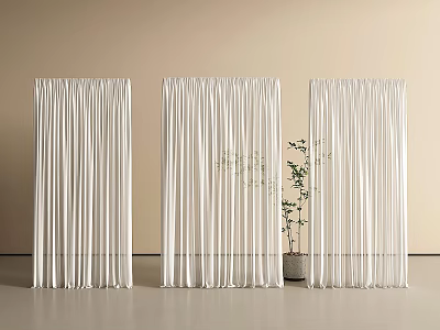 White Hanging Curtains Interior Design With Green Plant And Light Wall 3d model