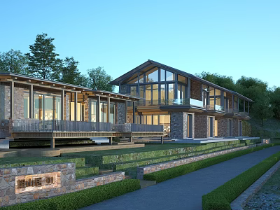 Modern Hillside Guesthouse With Stone Wood Structure Large Glass Windows and Zen Garden 3d model