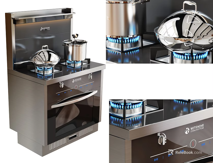 Modern Stainless Steel Kitchen Appliances With Gas Stove Blue Flame Burners And Cookware 3d model 