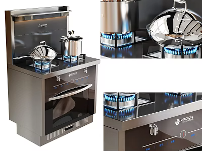 Modern Stainless Steel Kitchen Appliances With Gas Stove Blue Flame Burners And Cookware 3d model