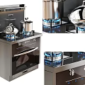 Modern Stainless Steel Kitchen Appliances With Gas Stove Blue Flame Burners And Cookware