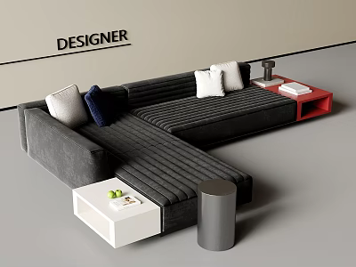 Dark Gray Striped Sectional Sofa With White Navy Blue Pillows And Red White Side Tables 3d model