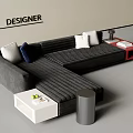 Dark Gray Striped Sectional Sofa With White Navy Blue Pillows And Red White Side Tables