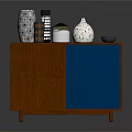 Wooden Console Cabinet With Blue Door Open Shelves Decorative Vases And Small Bowl On Top