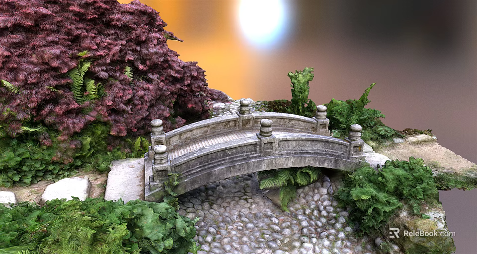 Stone Arch Bridge Surrounded By Red Shrubs Green Plants And Pebble Ground With Sunset Glow 3d model 