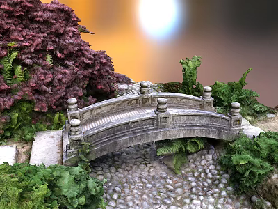 Stone Arch Bridge Surrounded By Red Shrubs Green Plants And Pebble Ground With Sunset Glow 3d model