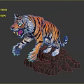 3D Striped Tiger Roaring With Extended Paws Standing On Gray Rock