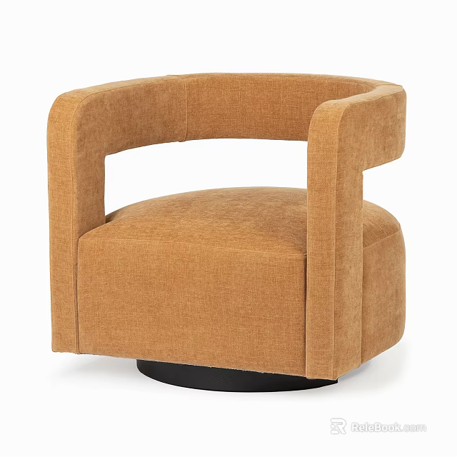 Stylish Brown Fabric Single Sofa With Curved Armrest And Black Round Base 3d model 