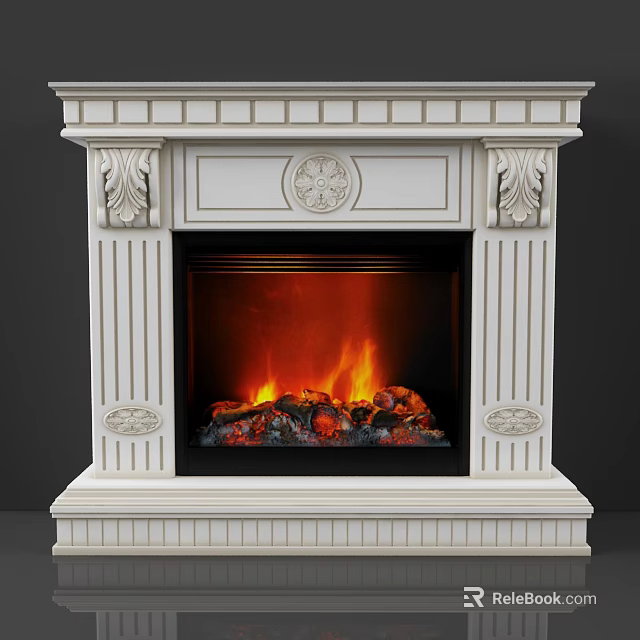 White Decorative Fireplace With Carved Details Flames And Logs In Interior Design 3d model 