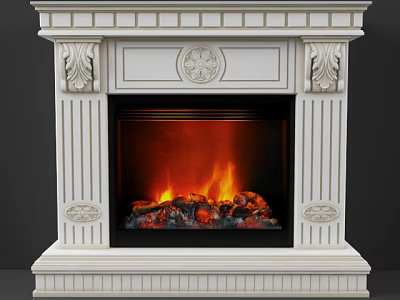 White Decorative Fireplace With Carved Details Flames And Logs In Interior Design 3d model