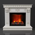 White Decorative Fireplace With Carved Details Flames And Logs In Interior Design