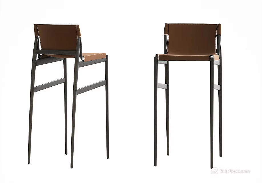Modern Bar Stools With Brown Leather Seats And Black Metal Frames 3d model