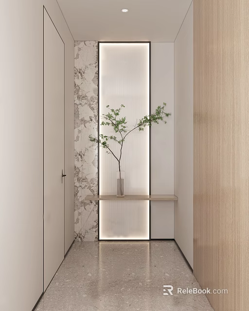 Modern Foyer Hallway Interior Design With Patterned Wall Wooden Shelf And Green Plant 3d model 