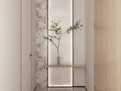 Modern Foyer Hallway Interior Design With Patterned Wall Wooden Shelf And Green Plant 3d model