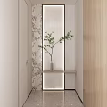 Modern Foyer Hallway Interior Design With Patterned Wall Wooden Shelf And Green Plant