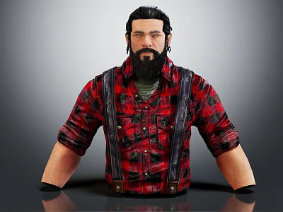 Realistic Male 3D Character with Black Hair Beard Red Black Plaid Shirt and Black Suspenders 3d model