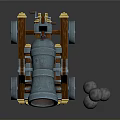 Antique Cannon With Blue Metal Barrel Wooden Carriage And Iron Cannonballs