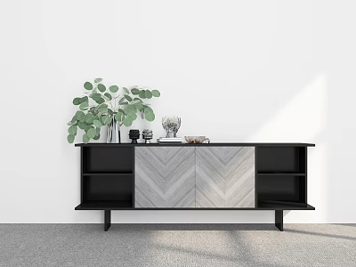 Modern Entryway Console Cabinet With Black Gray Herringbone Pattern And Decorative Green Plant Vase 3d model
