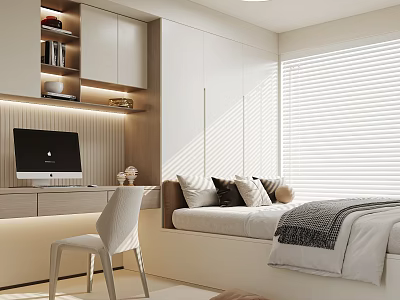 Modern Minimalist Tatami Bedroom Interior With Tatami Bed Desk Computer And Window Blinds 3d model