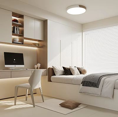 Modern Minimalist Tatami Bedroom Interior With Tatami Bed Desk Computer And Window Blinds 3d model