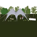 White Double Roof Tent in Green Grass Area with Colorful Flags People and Trees