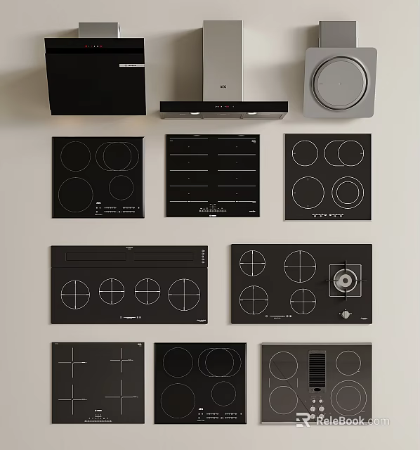 Sleek Modern Kitchen Appliances With Black Surfaces Including Induction Cooktops And Gas Hobs 3d model 