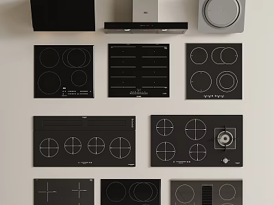 Sleek Modern Kitchen Appliances With Black Surfaces Including Induction Cooktops And Gas Hobs 3d model