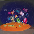 Cartoon Astronaut Game Characters On Orange Platform With Red Rocket Planets Stars And Flag