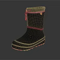 Black Mid Calf Boots With Rubber Sole Laces Gray Trim And Yellow Button Details