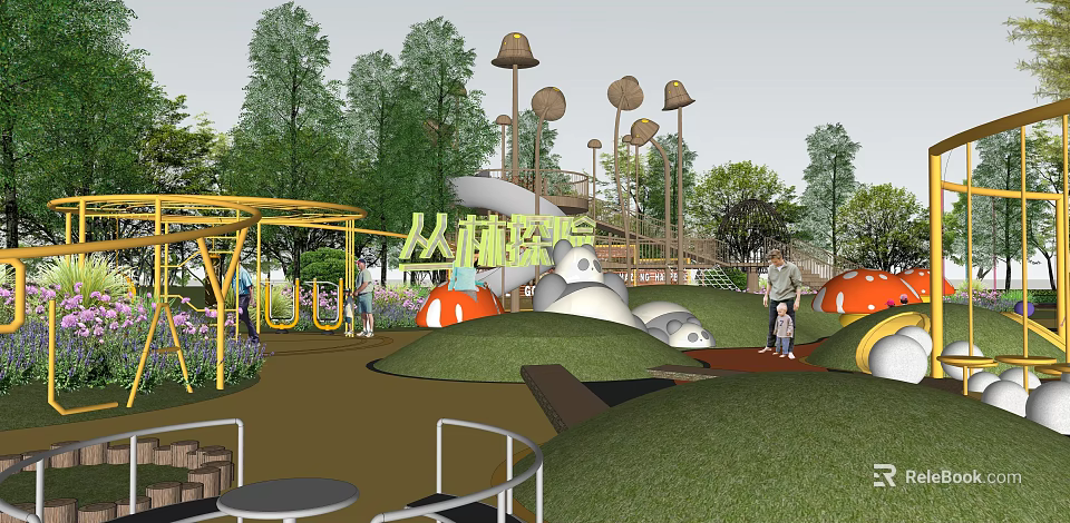 Jungle Adventure Themed Playground For Kids With Play Structures And Mushroom Elements 3d model 