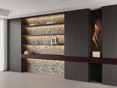 Modern Bookcase Design With Open Shelves Closed Cabinets And Marble Pattern Backdrop 3d model