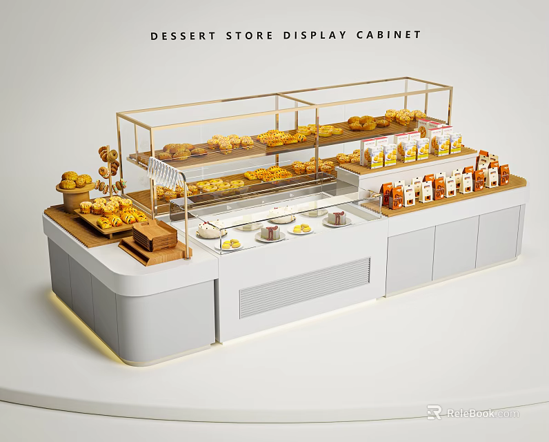 Modern Dessert Store Display Cabinet With Glass Shelves And Assorted Sweet Desserts 3d model 