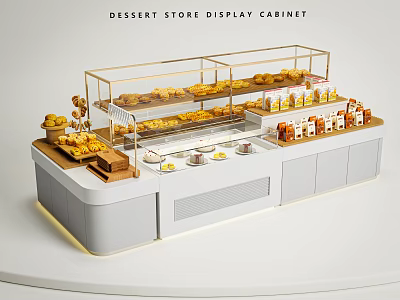 Modern Dessert Store Display Cabinet With Glass Shelves And Assorted Sweet Desserts 3d model