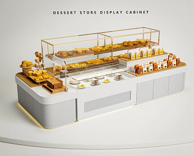 Modern Dessert Store Display Cabinet With Glass Shelves And Assorted Sweet Desserts 3d model
