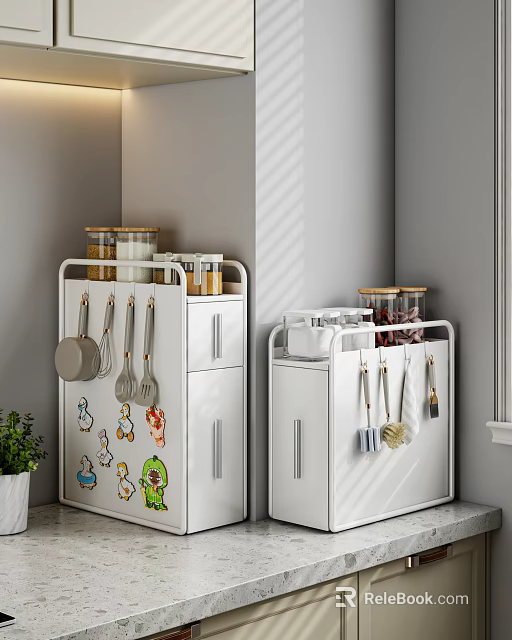 Practical Decorative Kitchen Storage Shelf With Glass Jars Hanging Utensils Lower Cabinets And Cartoon Stickers 3d model 