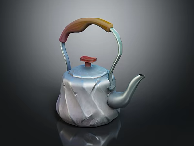 Unique Design Silver Kettle With Textured Body Wooden Handle And Red Lid Knob 3d model
